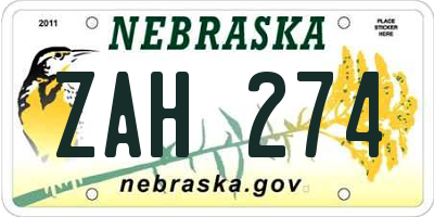 NE license plate ZAH274