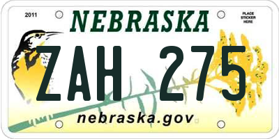 NE license plate ZAH275