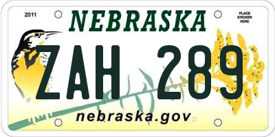 NE license plate ZAH289