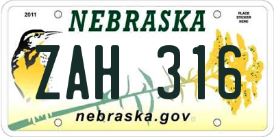 NE license plate ZAH316