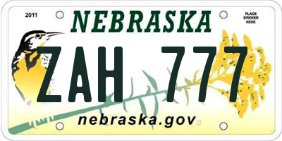 NE license plate ZAH777