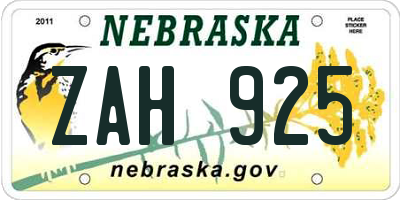 NE license plate ZAH925