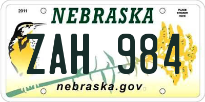 NE license plate ZAH984