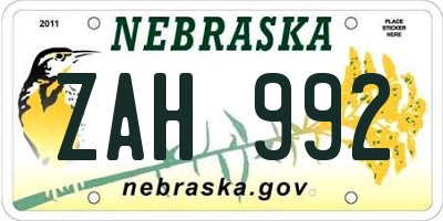 NE license plate ZAH992