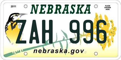 NE license plate ZAH996