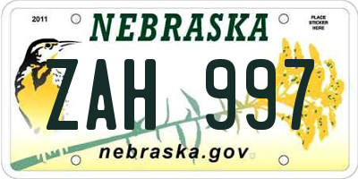 NE license plate ZAH997