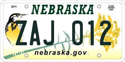 NE license plate ZAJ012