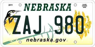 NE license plate ZAJ980