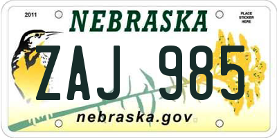 NE license plate ZAJ985