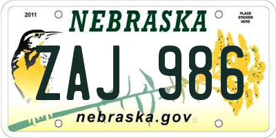 NE license plate ZAJ986