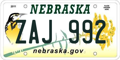 NE license plate ZAJ992