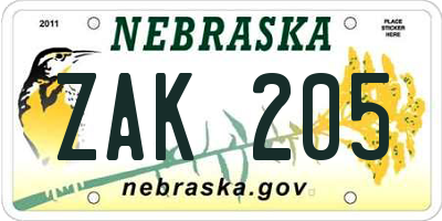 NE license plate ZAK205