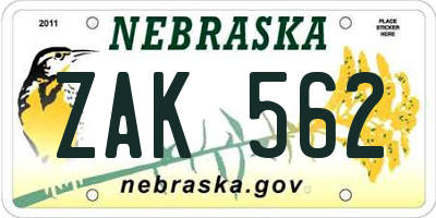 NE license plate ZAK562