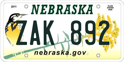 NE license plate ZAK892