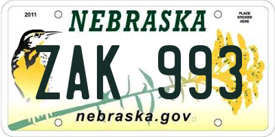 NE license plate ZAK993