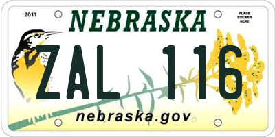 NE license plate ZAL116