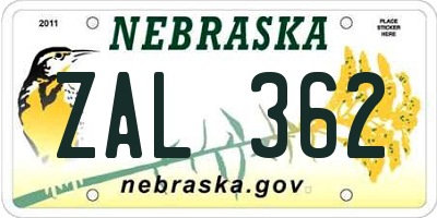NE license plate ZAL362