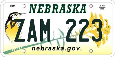 NE license plate ZAM223