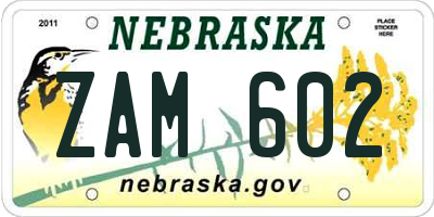 NE license plate ZAM602