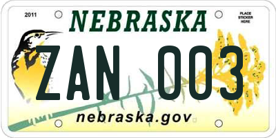 NE license plate ZAN003