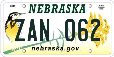 NE license plate ZAN062