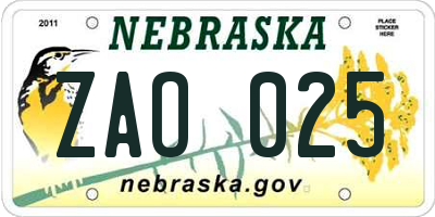 NE license plate ZAO025