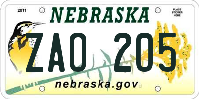 NE license plate ZAO205