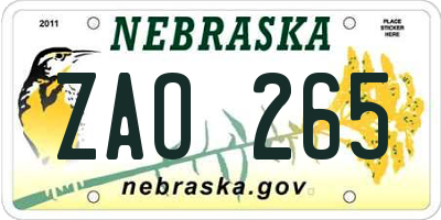 NE license plate ZAO265
