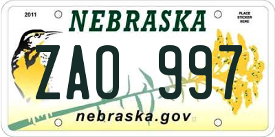 NE license plate ZAO997