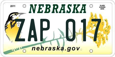 NE license plate ZAP017