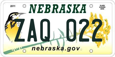 NE license plate ZAQ022