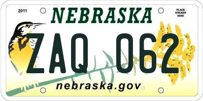 NE license plate ZAQ062