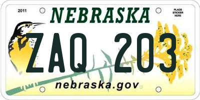 NE license plate ZAQ203