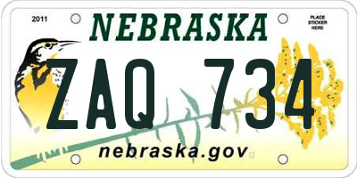 NE license plate ZAQ734
