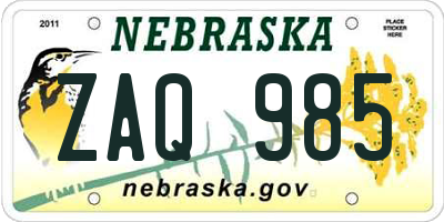 NE license plate ZAQ985