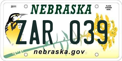 NE license plate ZAR039
