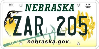 NE license plate ZAR205