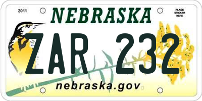 NE license plate ZAR232