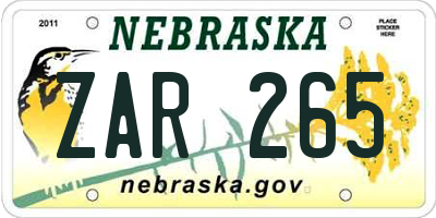 NE license plate ZAR265