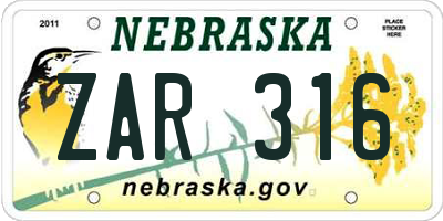 NE license plate ZAR316