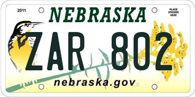 NE license plate ZAR802