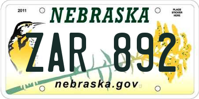NE license plate ZAR892