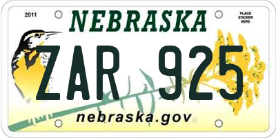 NE license plate ZAR925