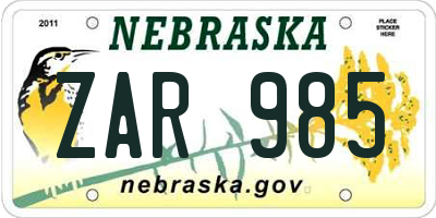 NE license plate ZAR985