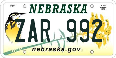 NE license plate ZAR992
