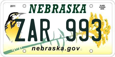 NE license plate ZAR993