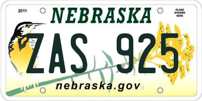 NE license plate ZAS925