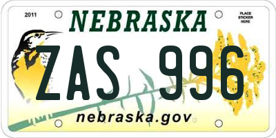 NE license plate ZAS996