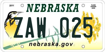 NE license plate ZAW025