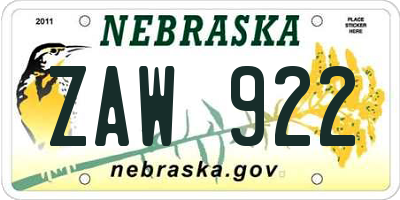 NE license plate ZAW922